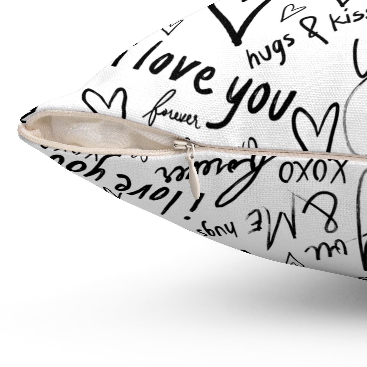Love Notes Square Pillow — Black & White Heart Pattern, "I Love You" Script Decorative Throw
