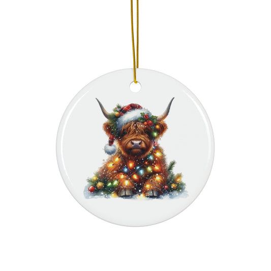 Highland Cow with Christmas Lights Ceramic Ornament