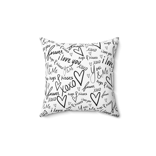 Love Notes Square Pillow — Black & White Heart Pattern, "I Love You" Script Decorative Throw