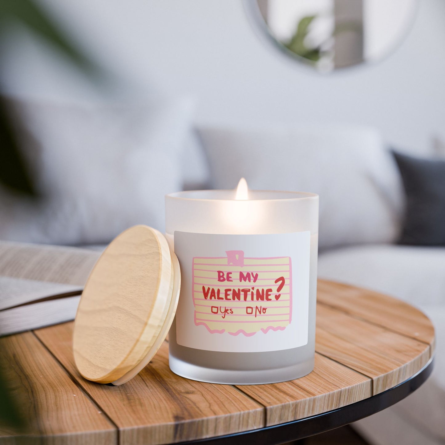Valentine Note Candle — "Be My Valentine?" Frosted Glass 11oz
