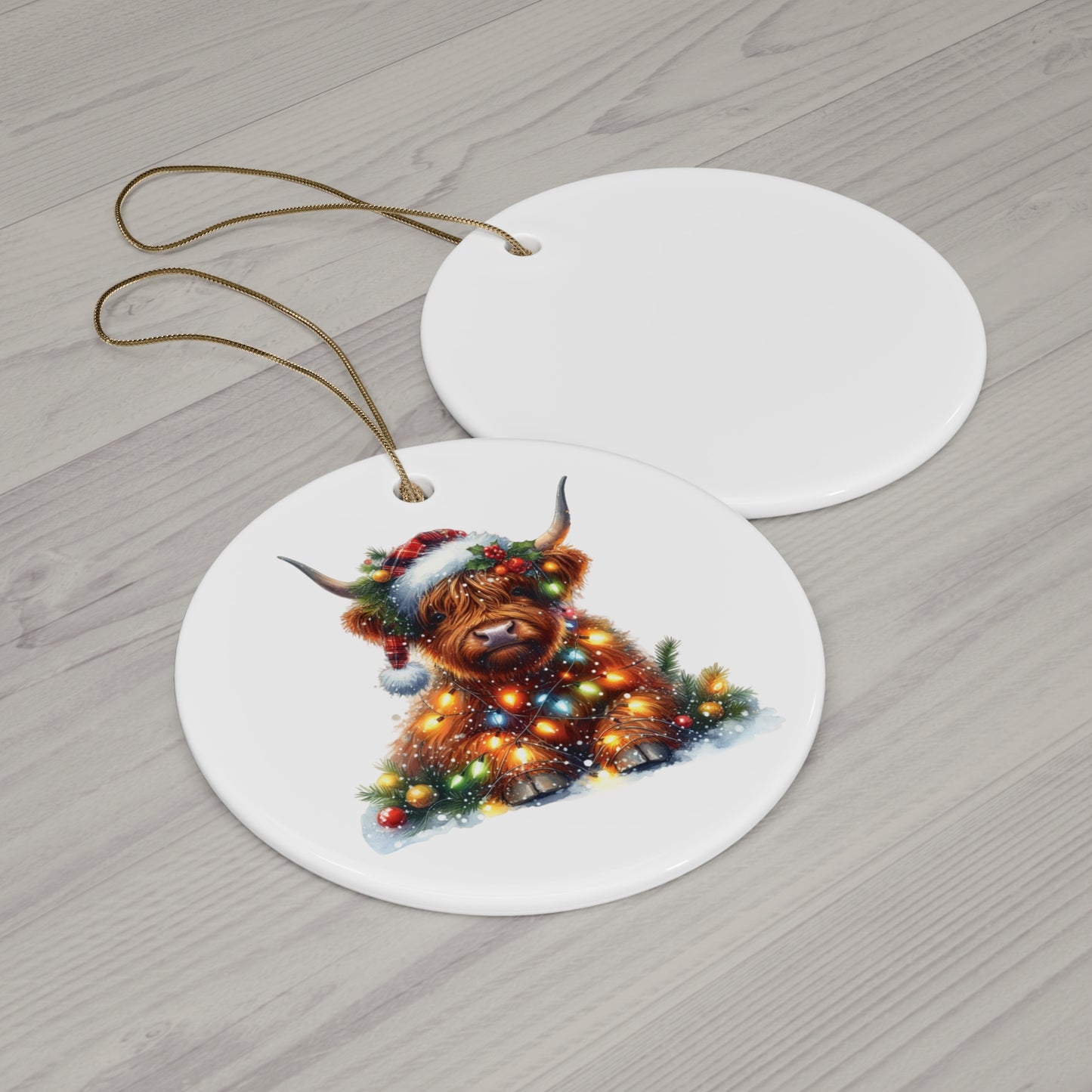 Highland Cow with Christmas Lights Ceramic Ornament