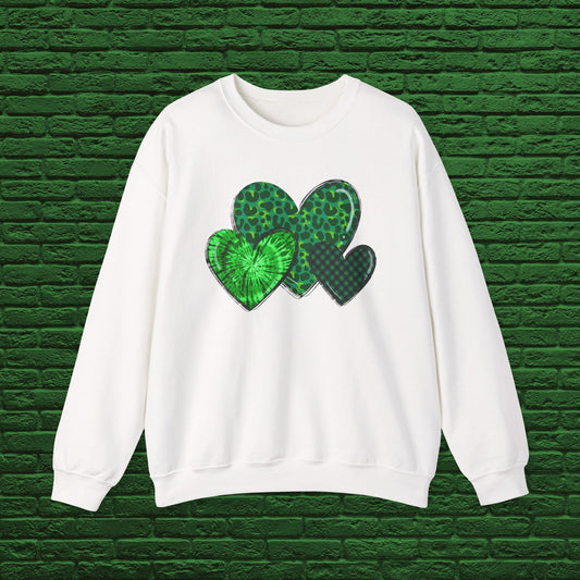 Green Heart Trio Crewneck Sweatshirt – St. Patrick’s Day & Cozy Casual Pullover
