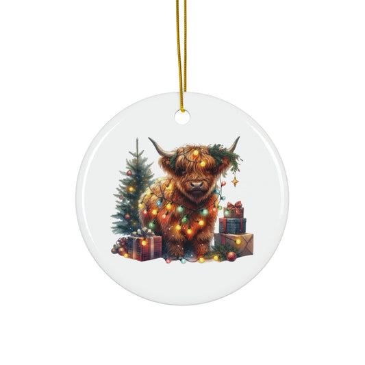 Highland Cow with Christmas Lights and Presents Ceramic Ornament