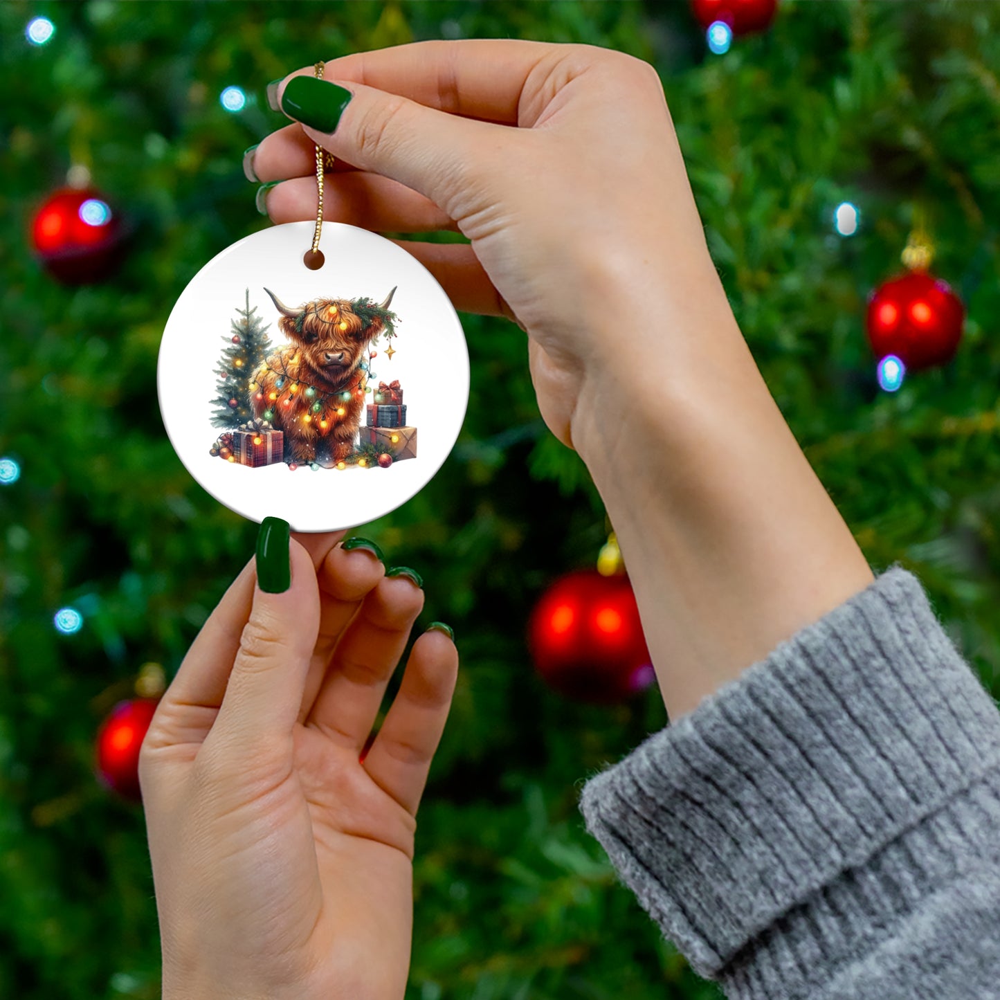 Highland Cow with Christmas Lights and Presents Ceramic Ornament