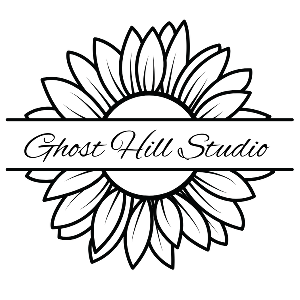 Black and white logo of Ghost Hill Studio with sunflower design