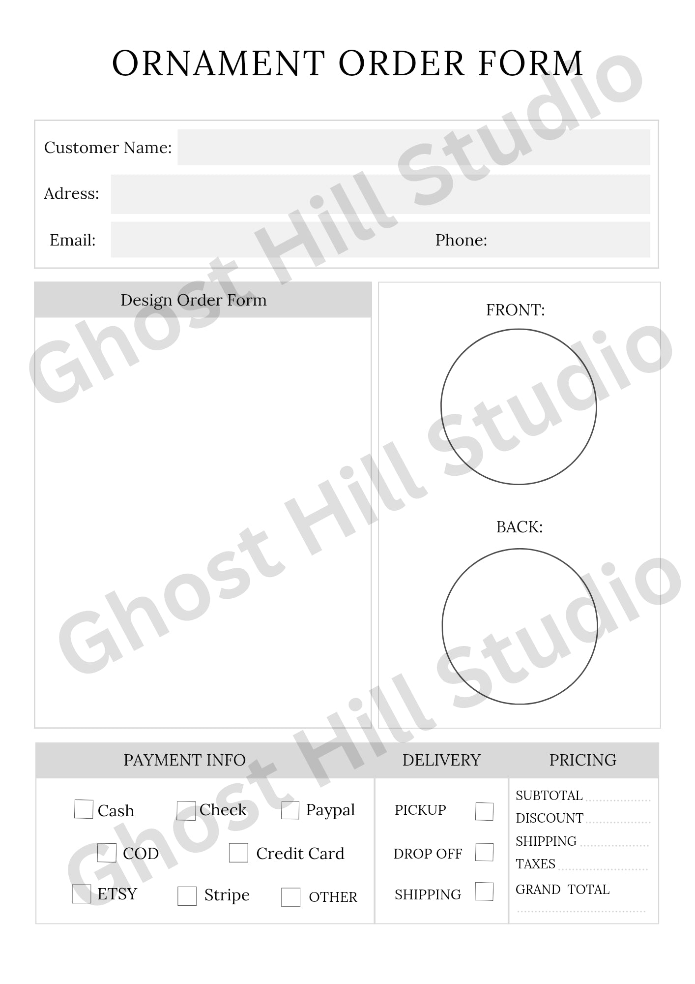 Order form bundle for businesses, sold by Ghost Hill Studio 