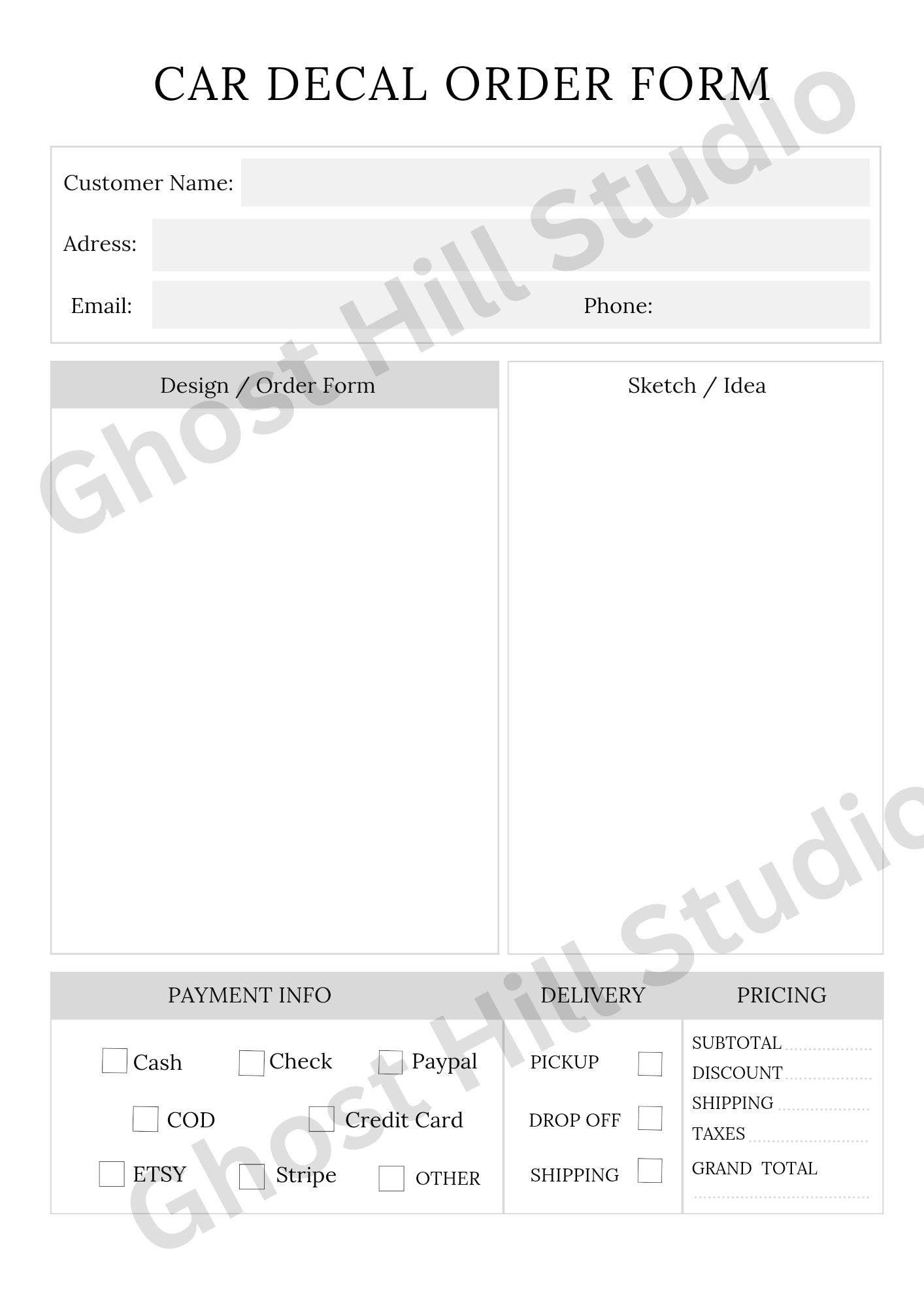 Order form bundle for businesses, sold by Ghost Hill Studio 