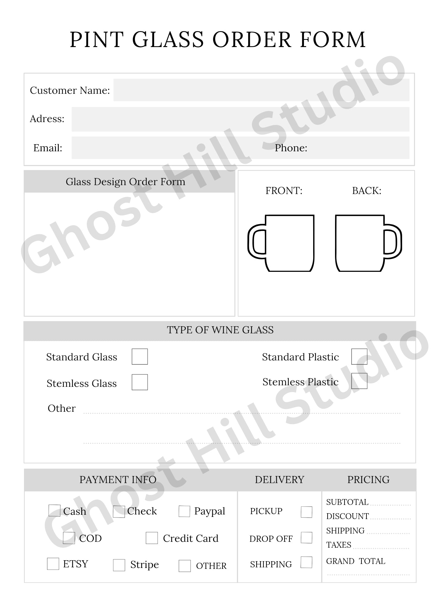 Order form bundle for businesses, sold by Ghost Hill Studio 