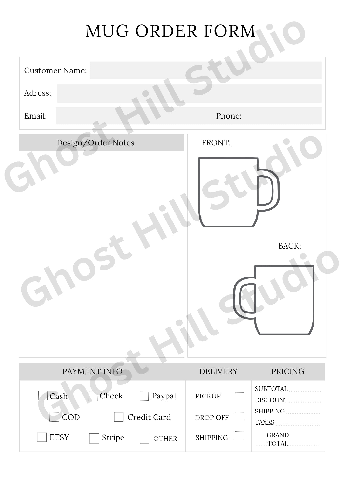 Order form bundle for businesses, sold by Ghost Hill Studio 