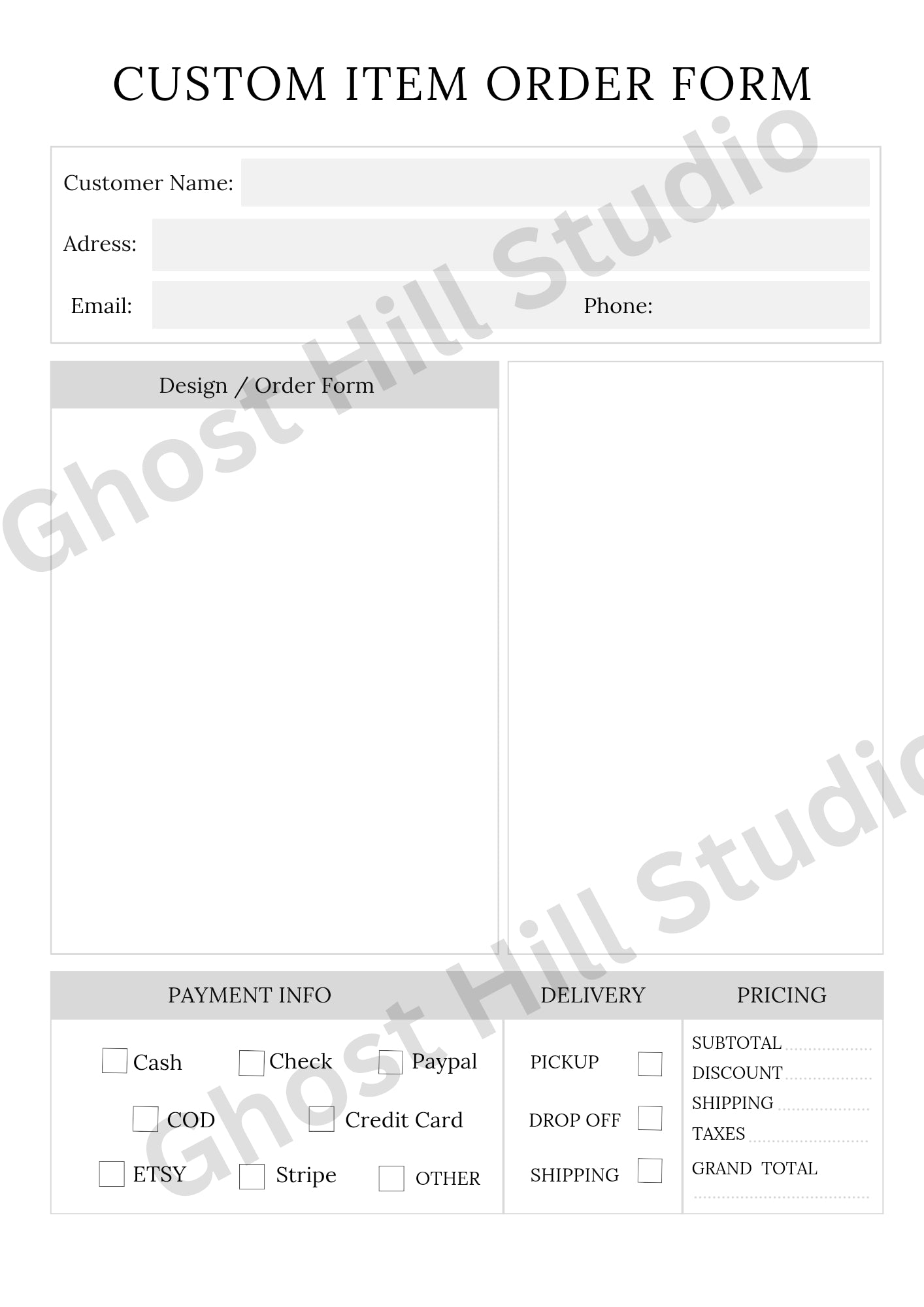 Order form bundle for businesses, sold by Ghost Hill Studio 