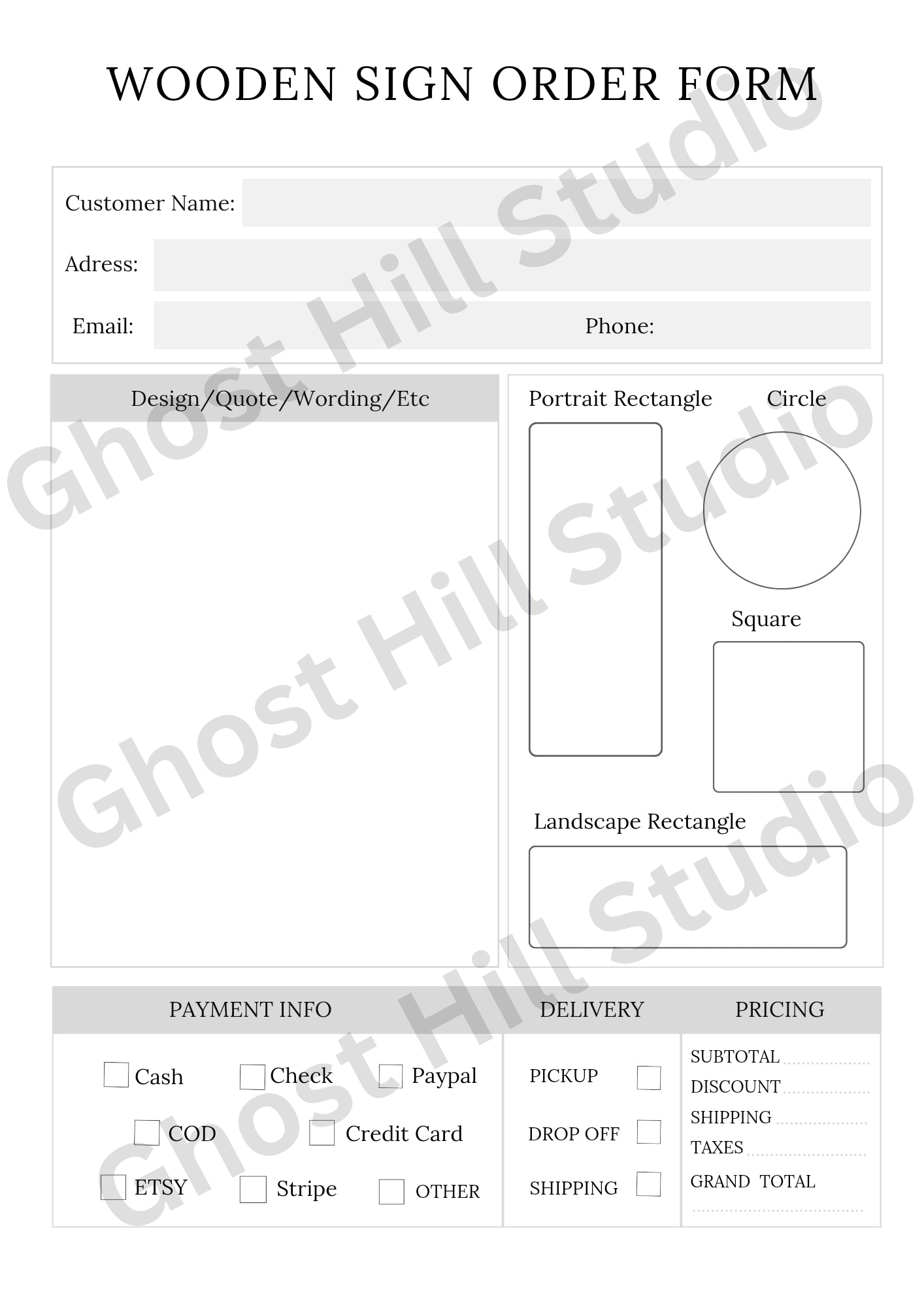 Order form bundle for businesses, sold by Ghost Hill Studio 